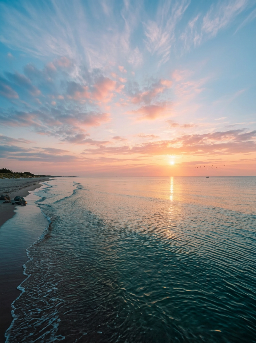Calm ocean with gentle waves under a pastel-colored sunrise sky
